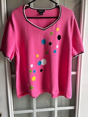 Hampshire Classics V-Neck Short Sleeve Polka Dot Knit Top - Pink
